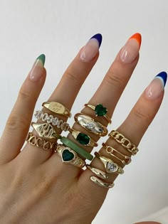 Evry Jewels green and gold rings Evry Jewels, Preppy Jewelry, Indie Jewelry, Nail Ring, Jewels Rings, Nail Jewelry, Put A Ring On It