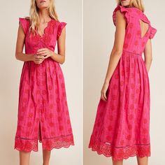 Brand New With Tags Nwt Anthropologie Ranna Gill Tomine Embroidered Eyelet Midi Dress Embroidered Florals Bloom Across This Maxi Dress For An Enchanting, Occasion-Ready Finish. Cotton, Polyester; Cotton Lining Side Pockets Embroidered Eyelet Detail Scalloped Trim Ruffled Sleeves Maxi Silhouette Button Front Dry Clean Approximate Measurements Flat Lay Pit To Pit 20” Waist 16.5” Length 50” Red Floral Embroidered Midi Dress, Spring Embroidered Red Midi Dress, Spring Red Embroidered Midi Dress, Red Feminine Dress With Lace Trim, Feminine Red Dress With Lace Trim, Red Floral Embroidered Knee-length Dress, Red Knee-length Dress With Floral Embroidery, Red Embroidered Fitted Midi Dress, Fitted Red Embroidered Midi Dress