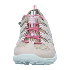 a women's shoe with pink laces on the side and white upper part