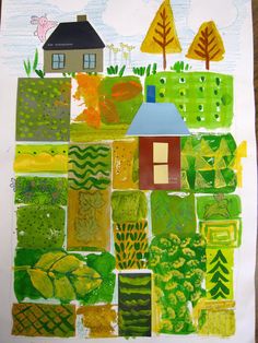 an art project made with children's drawings and colored pencils, including houses