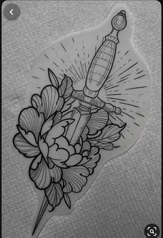 a sticker with flowers and a knife on it