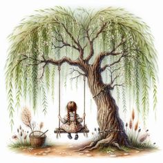 a painting of a girl on a swing under a tree