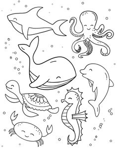 an ocean scene with sea animals and other marine creatures coloring pages for kids to color