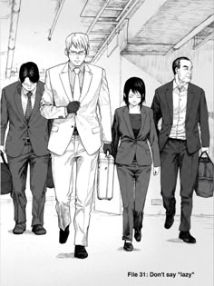 three people in suits are walking down the street