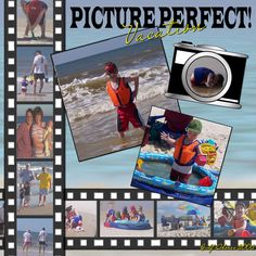 a collage of pictures with people on the beach and inflatable rafts