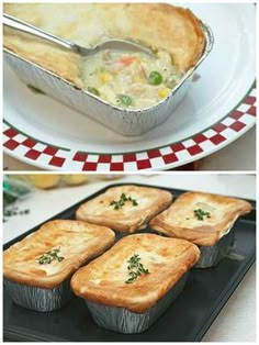 there are four different pictures of food in pans and one is filled with chicken pot pie