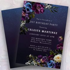 an elegant birthday party card with flowers and butterflies on the front, in dark blue hues