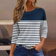 Our store contains many clothing types, rich styles, basic tops, long sleeves, jumpers, sweatshirts, coats, cardigans, sweaters, vests, etc. Welcome to PRORMOOW! Product Description: Gender: Female Season: Spring; Summer Material: 95% Polyester,5% Spandex Color: Navy Size: L Sleeve: Short Sleeve Collar Type: Crew Neck Pattern Style: Stripe Thickness: Standard Style: Fashion, Casual Occasion: Daily Wear; Going out; Work; Holiday; Dating; Shopping; Office; Travel What you get: 1 x Women Tops Size Womens Casual Tops, Office Travel, Tops Blouse, Striped T Shirt, Work Tops, Casual Tops For Women, Refashion Clothes, Basic Tops, Neck Pattern