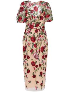 sand beige/ruby red floral embroidery tulle panels round neck open back rear zip fastening single rear button fastening short sleeves straight hem mid-length Floral Embroidered Midi Dress For Garden Party, Floral Embroidery Short Sleeve Midi Dress For Party, Beige Short Sleeve Embroidered Dress, Evening Dress With Floral Embroidery And Short Sleeves, Evening Floral Embroidered Short Sleeve Dress, Floral Embroidered Short Sleeve Evening Dress, Short Sleeve Embroidered Dress With Floral Embroidery For Evening, Embroidery Tulle, Wedding Guest Looks