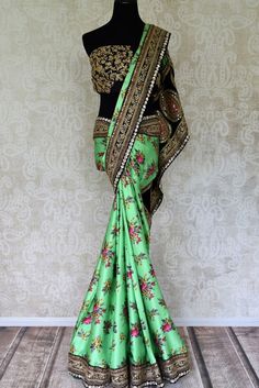 A stunning green floral embroidered crepe saree for occasional wearing. Shop from Pure-Elegance. Indian Flowers, Crepe Saree