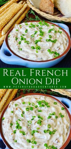 two bowls filled with onion dip and bread sticks