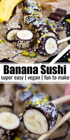 chocolate covered banana sushi on sticks with sprinkles and powdered sugar