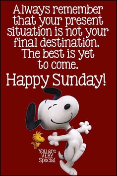 a cartoon character with the words happy sunday written in white and black on a red background