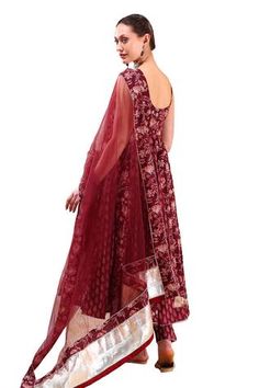 Maroon sleeveless anarkali with floral print and gota embellished border. Paired with printed pant and dupatta. - Aza Fashions Semi-stitched Sleeveless Anarkali Set With Cutdana, Semi-stitched Sleeveless Anarkali Set With Mirror Work, Semi-stitched Sleeveless Salwar Kameez With Sheer Dupatta, Sleeveless Georgette Anarkali Set With Dupatta, Sleeveless Anarkali Set For Navratri With Pallu, Bollywood Style Sleeveless Anarkali Set With Pallu, Semi-stitched Sleeveless Georgette Anarkali Set, Festive Sleeveless Salwar Kameez With Sheer Dupatta, Anarkali Sleeveless Salwar Kameez In Chanderi