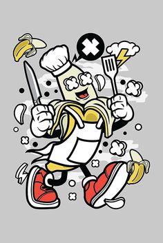 an image of a cartoon character running with a knife and fork in his hand while wearing a chef's hat