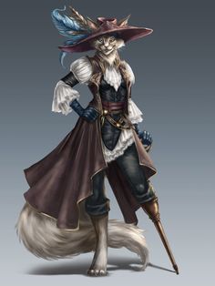 a cartoon character dressed as a fox wearing a hat and coat with feathers on it