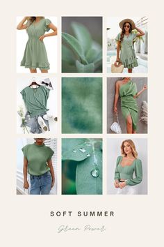 Soft Summer Radiantly Dressed, Soft Summer Green, Satin Dress Backless, Color Palette Sage Green, Sage Green Outfit Ideas, Solid Color Soft-washed Summer Shirt, Solid Soft-washed Summer Shirt, Summer Beach Green V-neck Dress, Sage Green Outfit