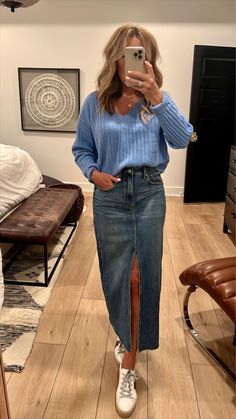 Jeans Sneakers Outfit Fall, Midi Skirt Tennis Shoes Outfit, Denim Midi Skirt Outfit Summer Casual, Denim Skirt Cardigan Outfit, Bright Business Casual, Denim Midi Skirt Outfit Autumn, Midi Jean Skirt Outfits Fall, Denim Midi Skirt Outfit Fall, Midi Denim Skirt Outfit Fall