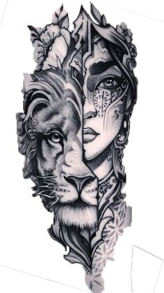 a black and white drawing of two lions with flowers on their head, one has a face