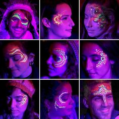 Glow Party Body Art, Neon Face Painting Ideas, Glow In The Dark Party Makeup, Glow In The Dark Face Paint Ideas, Glow In The Dark Makeup Ideas, Black Light Face Paint, Neon Body Painting, Face Paint Neon