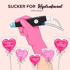 a pink hand holding an electric toothbrush in front of hearts