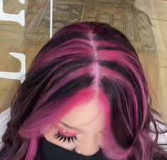 Pink Hair Strip Brunette, Wolfcut Pink Highlights, Pink Skunk Highlights In Brown Hair, Y2k Pink Highlights, Lavender Hair Streak, Chunky Pink Highlights In Brown Hair, Pink Strips In Hair, Pink Streaks In Black Hair