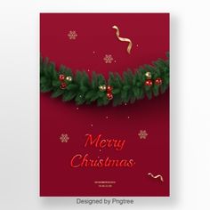 merry christmas card with fir tree branches and red ribbon on the bottom, surrounded by snowflakes