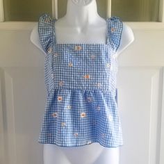 Super Cute Kirious Ruffle Daisy Top Medium Blue And White Gingham Checked W/Embroidered Daisy Pattern Ruffle Straps Cut Out Tie Back Lined Bust New With Tags From Clean, Smoke Free, Dog-Friendly Home Bundle And Save $ Gingham Tank Top, Daisy Top, Blue And White Gingham, Velvet Tank, Polka Dot Tie, Mesh Tank Top, Lululemon Tank Top, Nike Tank Tops, Tie Dye Tank Top