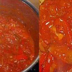 two pictures side by side one has tomato sauce and the other has onions in it