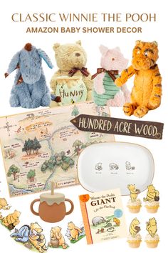 the winnie the pooh baby shower decor is shown with other items and toys for sale