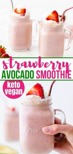 strawberry avocado smoothie in a mason jar with whipped cream and strawberries