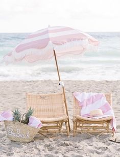 two chairs and an umbrella on the beach