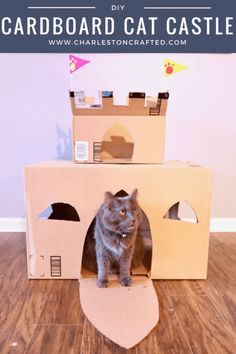 a cat is sitting in a cardboard castle