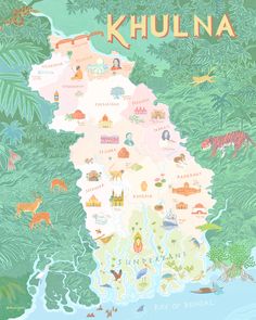 an illustrated map of the country of khulna, with animals and trees around it