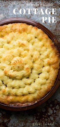 the cover of cottage pie is shown on a pink and white background with an image of a pie