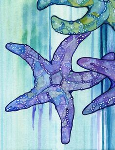 three purple and green starfishs in watercolor on blue, green and white background