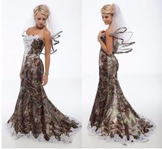 two pictures of a woman in a camo wedding dress