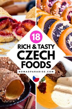 several different foods are shown with the words rich and tasty czech foods on them