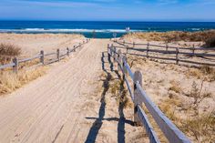 a sandy path leading to the beach with blue water in the background and wooden fence