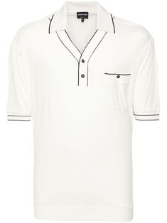 cream white/black fine knit polo collar V-neck contrasting trim short sleeves ribbed cuffs and hem chest patch pocket internal logo tag straight hem front button placket Armani Polo, Polo Shirt Colors, Knit Polo, Balenciaga Triple S, Custom Watch, Summer Beach Wear, Short Suit, Polo Collar, Light Jacket