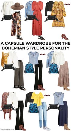 bohemian style - a style guide and capsule wardrobe for women Bohemian Outfits Over 40, Boho Fashion For Over 50 Women, Boho Outfit Ideas Plus Size, Boho Winter Capsule Wardrobe, Boho Style After 40, Capsule Boho Wardrobe, Boho Outfits 40s, Boho Cute Outfits, Boho Fashion Over 50 Bohemian