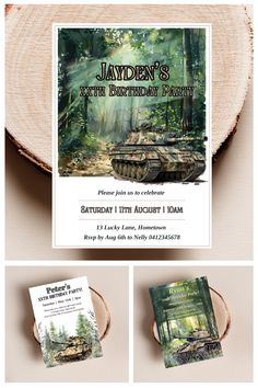 an image of a birthday party with tanks and trees in the background, including a card for