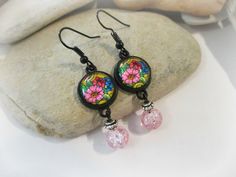 Black Earrings with Pink Glass Beads and Flowers under a Glass Dome Cabochon | Pink and Black | Teen Girl Gift | Flower Earrings | Colorful Blue And White Earrings, Winter Earrings, Black Earrings Dangle, Earrings For Girls, Earrings Colorful, Gift Flower