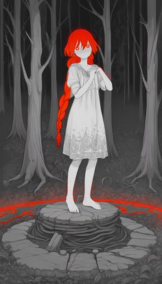 a girl with red hair standing in the woods