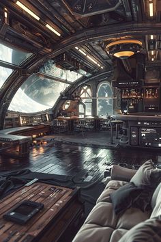 the inside of a space station with tables and couches