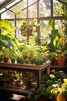 many potted plants in a greenhouse with sunlight coming through the windows