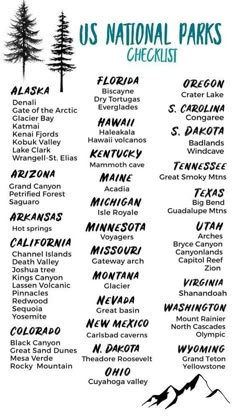 the us national parks checklist is shown in black and white, with pine trees