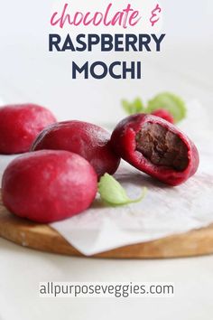 chocolate and raspberry mochi on a cutting board with the title above it