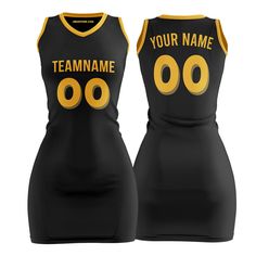 Shop custom black and gold basketball jersey dress for women and girls at Jersey One. The jersey dresses are made from durable, quick-dry, and breathable polyester fabric, they are perfect for daily, parties or outfitting your team. Embroidered Tracking Twill The team name, player name, and player number are embroidered, making the jersey durable, breathable, and stylish. Design Your Own You can also customize the design of our basketball jersey dress template. For example, you can change the fo Sporty Sleeveless Black Tennis Dress, Fitted Sleeveless Cheerleading Dress, Sporty V-neck Sports Dress, Black Tennis Dress For Sports, Black Stretch Racerback Dress, Black Stretch Racerback Mini Dress, Black Stretch Mini Dress With Racerback, Fitted Racerback Sports Dress, Black Racerback Dress