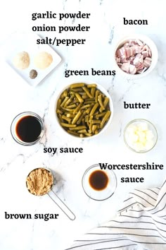 ingredients to make green beans recipe laid out on a marble counter top with text overlay